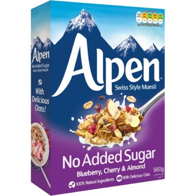 Alpen mysli 560g mustikka-kirsikka-manteli makeuttamaton