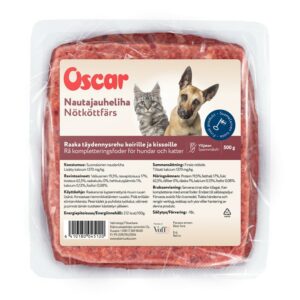 Oscar Nautajauheliha täydennysrehu koirille ja kissoille 500g pakaste