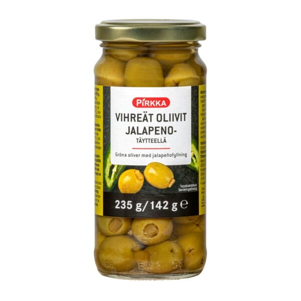 Pirkka vihreät oliivit jalapenotäytteellä 235g/142g