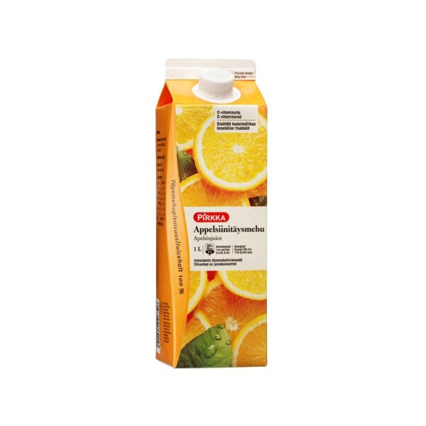 Pirkka appelsiinitäysmehu 1l sisältää hedelmälihaa