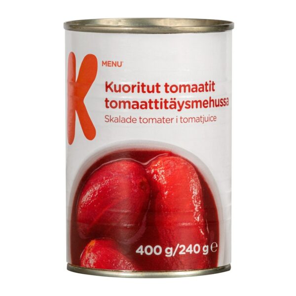 K-Menu kuoritut tomaatit tomaattitäysmehussa 400g/240g