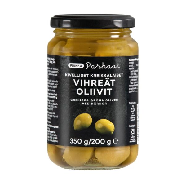 Pirkka Parhaat kivelliset kreikkalaiset vihreät oliivit 350g/200g