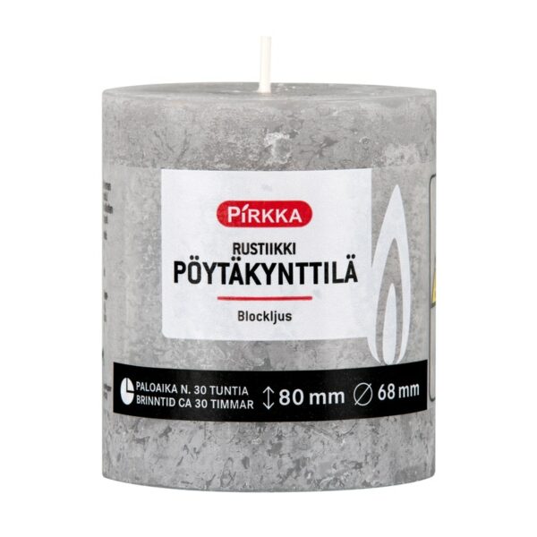 Pirkka rustiikki pöytäkynttilä vaaleanharmaa 80x68mm n.30h