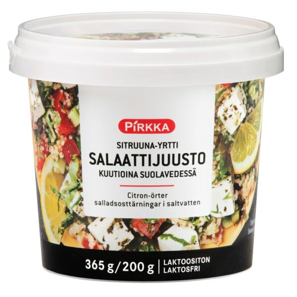 Pirkka sitruuna-yrtti salaattijuusto kuutioina suolavedessä 365g/200g laktoositon