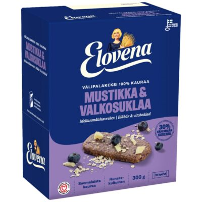 Elovena 100% kauraa välipalakeksi 10x30g mustikka valkosuklaa