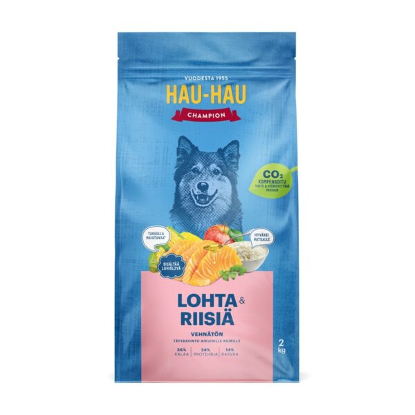 Hau-Hau Champion täysravinto kaikille aikuisille koirille 2 kg lohi ja riisi