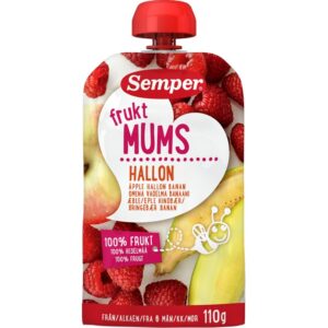Semper 110g Fruktmums Hallon omena, vadelma ja banaani alkaen 6 kk täyshedelmäsose
