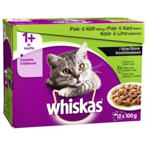 WHISKAS 1+ 12x100g Kala&Lihalajitelma kastikkeessa, kana, lohi, häränliha, tonnikala, täysrehua yli