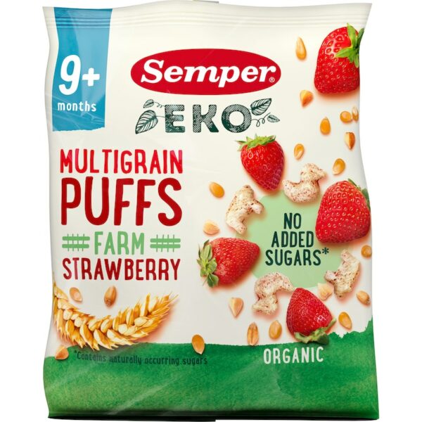 Semper EKO Multigrain Puffs Strawberry luomunaksu lapsille alkaen 9+ kk 18g